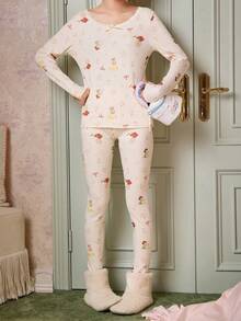 Gongdie 2pcs Snoopy Women's Pajama Set, Winter White Soft Cotton Loungewear With Lace Trim - Apricot - View 11