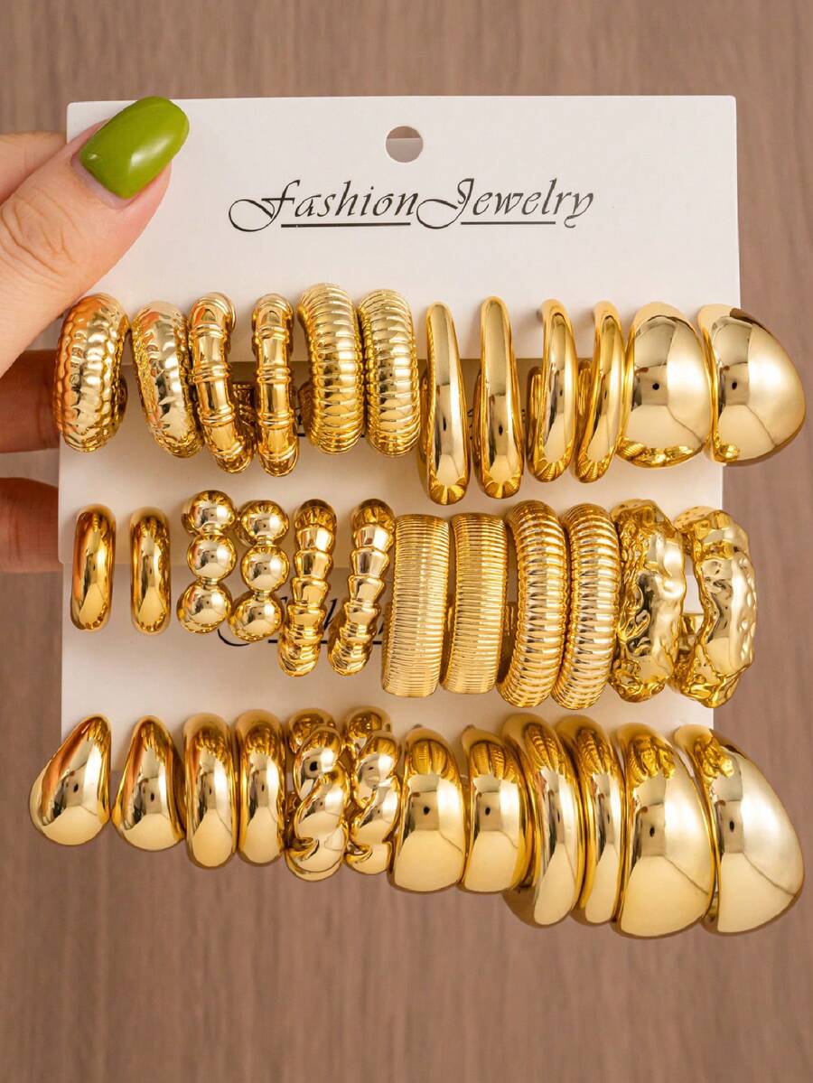 12/36pcs CCB Fashion Minimalist Style, Water Drop C-Shaped Textured Women's Fashion Gold Multi-Element Earrings Set, Versatile Daily Wear, Suitable For Women's Daily Wear, Dating, Party, Gift For Friends - Gold - View 1