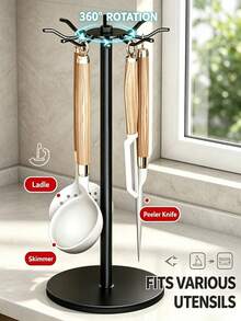 Multi-Hook 360° Rotating Kitchen Utensil Storage Rack, Drill-Free Suction Cup Wall Mount/Countertop Standing Options, Thickened Carbon Steel Pot & Ladle Hanging Rack, Space-Saving Kitchen Organizer, Suitable For Apartments And Rental Homes, Standing Storage Rack - Multicolor - View 3