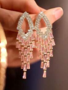 1 Pair Gorgeous Personalized Pink Glass Tassel Earrings Suitable For Women's Wedding Party Banquet Wear - Golden Yellow + Pink - View 5