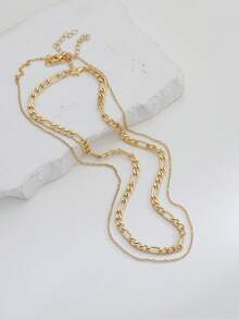 2pcs Copper Fashion Minimalist Thick & Thin Intertwined Pure Chain Necklace Set For Women, Suitable For Daily Wear - Yellow Gold - View 3