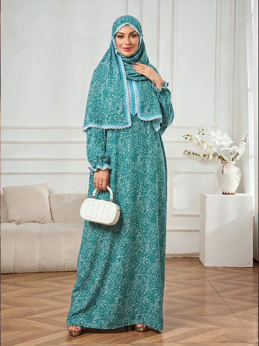 Women's Green Floral Pattern Abaya Long Robe, Lace Trim Long Sleeve Loose Long Islamic Dress With Matching Hooded Hijab, Suitable For Ramadan And Eid Conservative Ramadan Outfit - Mint Green - View 1