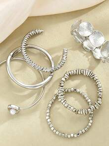 6pcs/Set Vintage Fashion Punk Style Hammered Texture Geometric Chain Silver Bracelet Set, Suitable For Women's Daily, Party, Beach, Vacation, Wedding, Layering, Gift - Silver - View 5