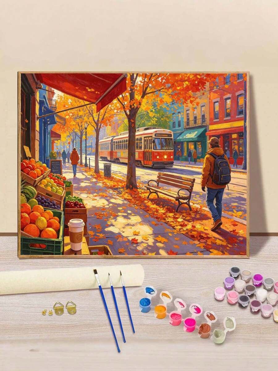 Adult & Beginner Digital Oil Painting Kit, Autumn Street, Easy Acrylic Painting Supplies (Includes Brushes & Paints), Suitable For Home Decor, Ideal Gift For Holiday.