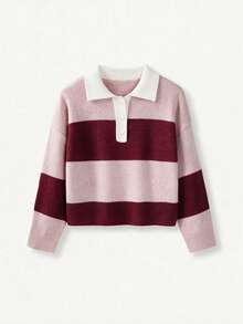 Spring/Autumn Multi-Color Contrast Lapel Long Sleeve Half-Button Cardigan Sweater - Pink and Wine Red - View 5