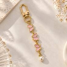 1pc Women's 3 Pink Butterfly Oil Drop Pendant With Faux Pearl Inlay Keychain, INS Style Bag Charm, Minimalist Creative Wallet Accessory - Pink - View 2