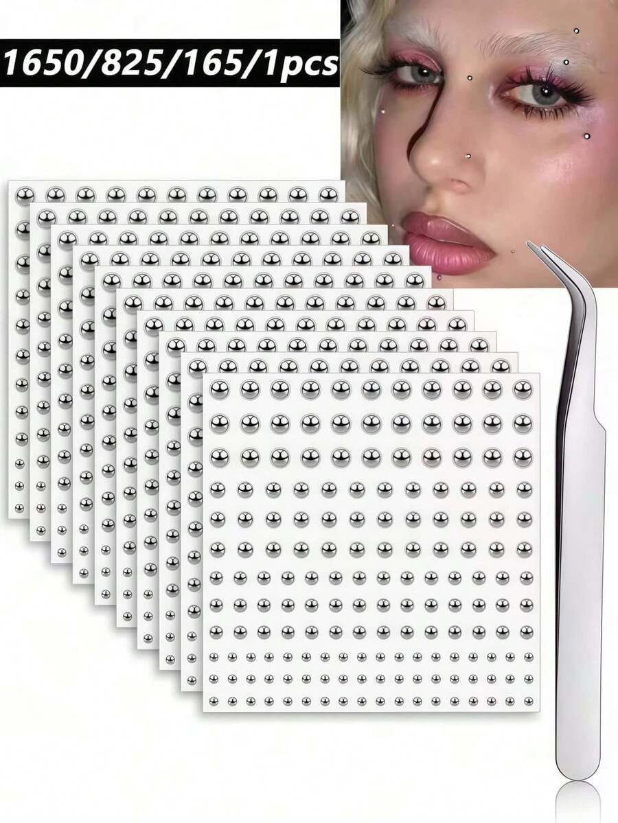 1650/825/165pcs 3-6mm Silver-Plated Acrylic Fake Nose Rings, Earrings, Stickers, Fake Eyebrows, Lip Rings, No-Piercing Body Jewelry, Face Stickers - Silver - View 1