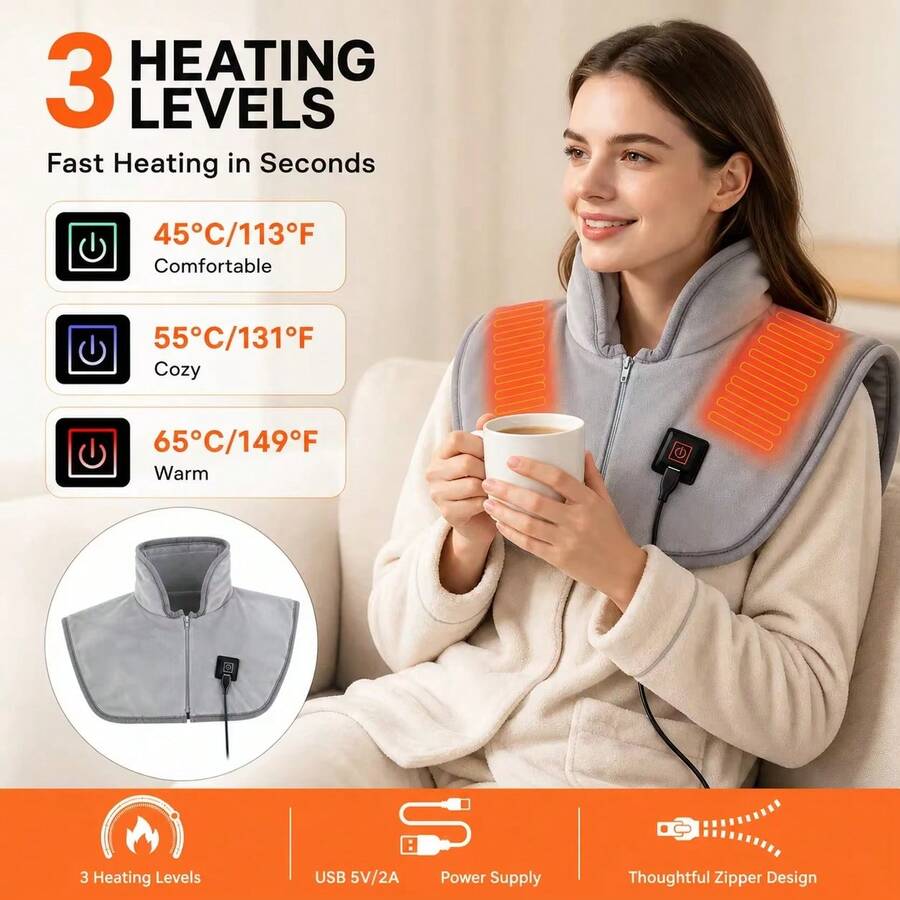 USB Electric Heated Shawl, 3-Level Temperature Control, Zippered Heating Shoulder Wrap, Suitable For Neck And Back, Relieves Neck And Shoulder Fatigue, Warms Back, Washable Warm Shawl, Unisex, Ergonomic Design, Suitable For Home, Office, Travel, Ideal Holiday Gift - Grey - View 1