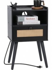 Mesa auxiliar con estación de carga, mesita de noche negra, mesa auxiliar con cajón de ratán y almacenamiento, mesa auxiliar pequeña para recámara, sala de estar, Mesa de Lado Decorativa, Mesa de Noche de Ratán para Dormitorio y Salón - Negro - Ver 9