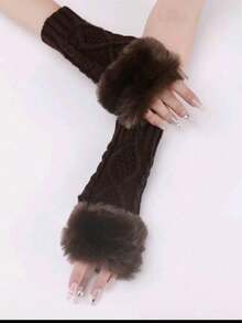 1 Pair Women's Coffee Color Short Fingerless Knit Gloves, Winter Warm & Fashionable - Multicolor - View 9