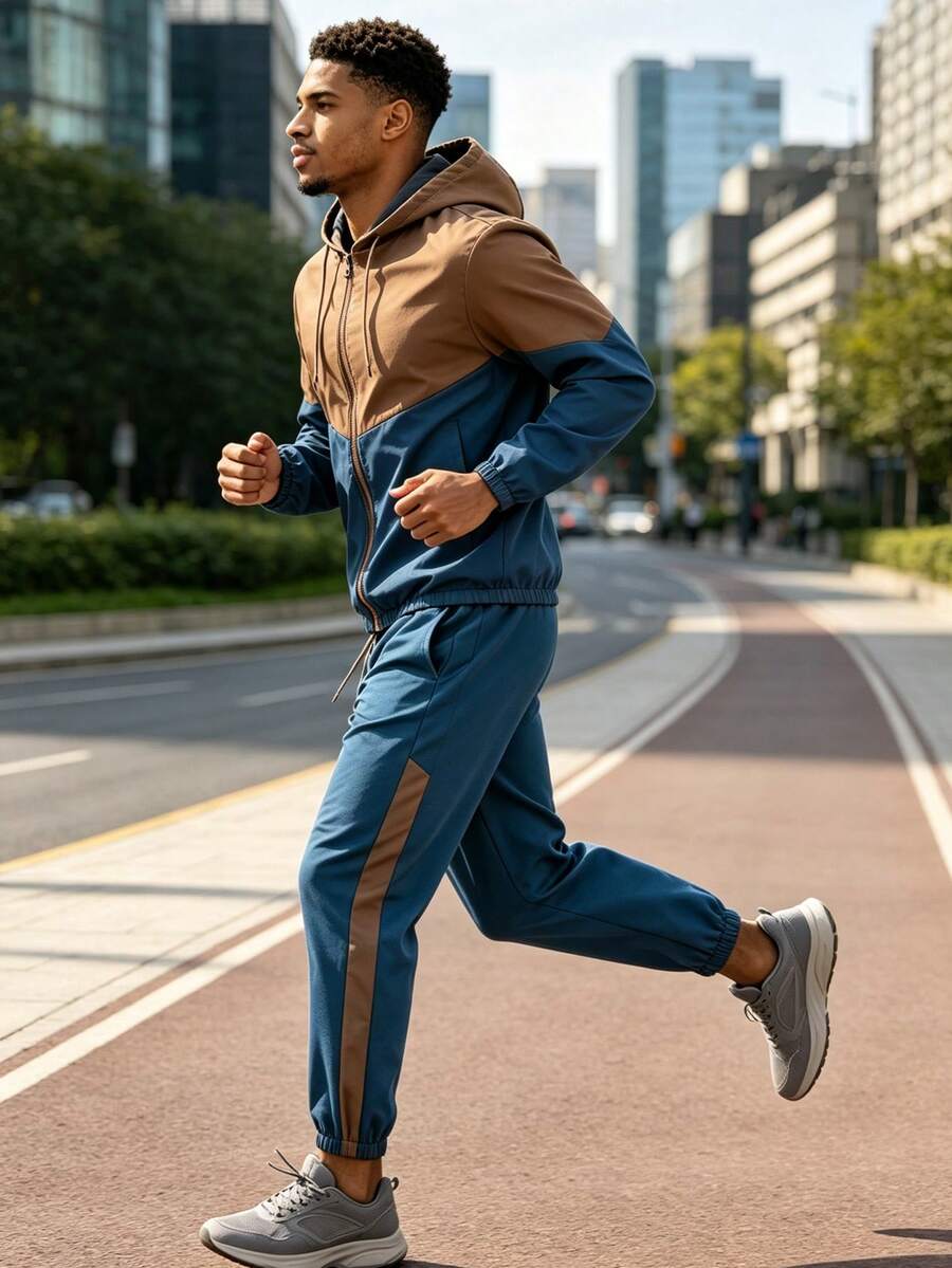 1 Set Chaqueta con capucha de bloques de color & Pantalones deportivos casuales para hombre Primavera/Otoño Conjunto de 2 piezas - Marrón - Ver 1