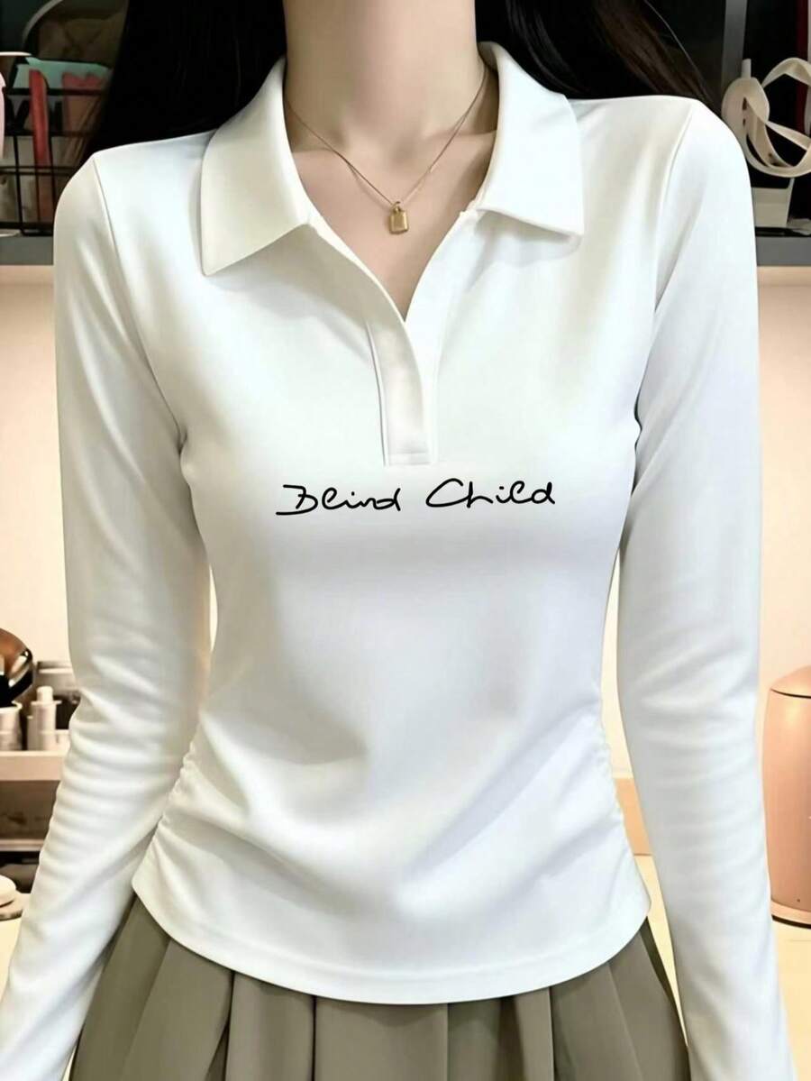 Korean Style Gentle V-Neck Long Sleeve T-Shirt For Women, Side Ruched Cinched Waist Versatile All-Match Layering Top Casual White - White - View 1