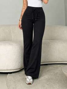 Women's Casual Commuting Minimalist Solid Color Elastic Waist Flare Pants - Black - View 1