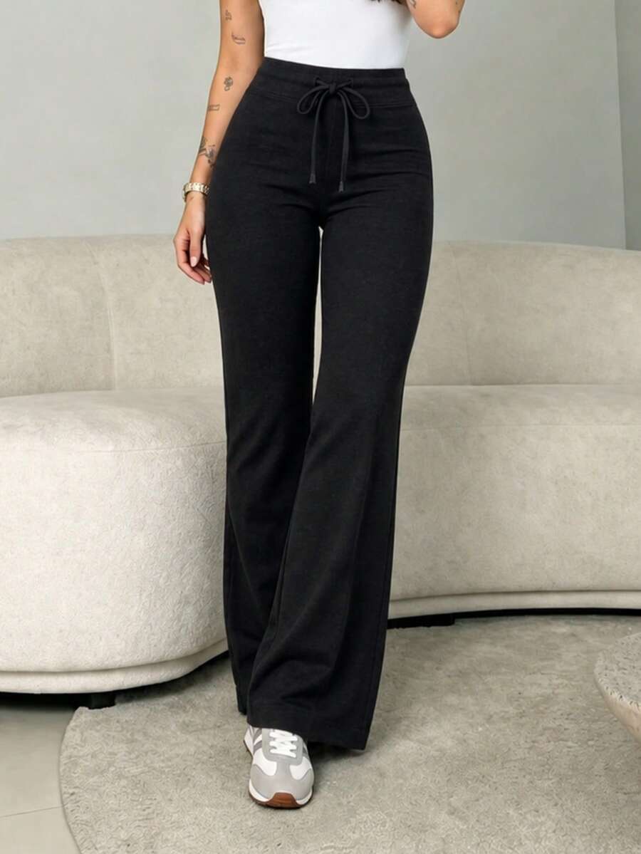 Women's Casual Commuting Minimalist Solid Color Elastic Waist Flare Pants - Black - View 1