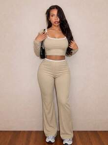 Women's Sexy Comfortable Low Waist Elastic Crop Long Sleeve Top And Flared Pants Slimming Set - Earth Color - View 4