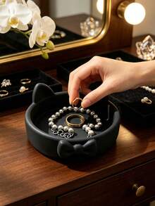 3D Printed Cute Cat Bow Jewelry Tray, Sculptural Small Accessory Storage Dish, Suitable For Rings, Earrings And Other Small Accessories, Decorative Desktop Ornament, Ideal For Vanity, Office Desk, Bedroom And Themed Party Home Decor - Multicolor - View 1