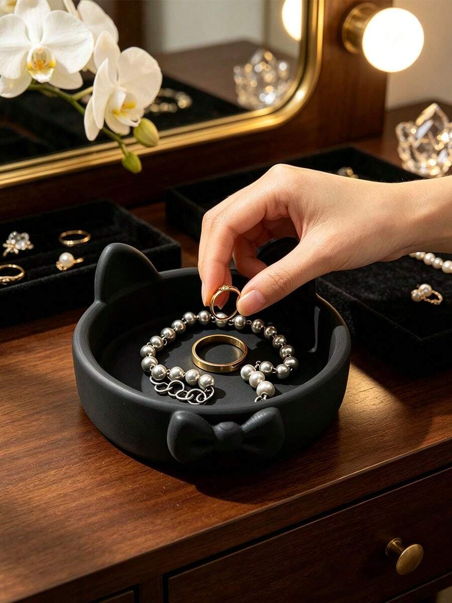 3D Printed Cute Cat Bow Jewelry Tray, Sculptural Small Accessory Storage Dish, Suitable For Rings, Earrings And Other Small Accessories, Decorative Desktop Ornament, Ideal For Vanity, Office Desk, Bedroom And Themed Party Home Decor - Multicolor - View 1