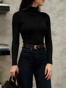 DONICY Women's Top, Solid Color Long Sleeve Top, Black Vertical Stripe Slim Fit, Minimalist Basic Commuter Style,Fall Winter - Black - View 6