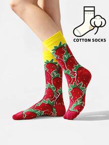 1 Pair Funny Strawberry Fruit Print Unisex Cotton Socks, Couple Daily Wear Socks - Multicolor - View 6