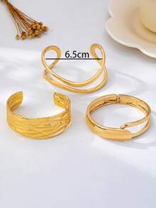 3pcs/1pc Set Minimalist Gold-Tone Asymmetric Geometric Pattern Thick Textured Bangle Set, Suitable For Women, Chunky Smooth Matte Metal And Zinc Alloy Material - Yellow Gold - View 3