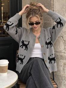 JIANHU Cute Cat Pattern Knitted Cardigan, Autumn/Winter Essential | Soft & Comfortable, Button Detail Design | Perfect Holiday Gift - Grey - View 1