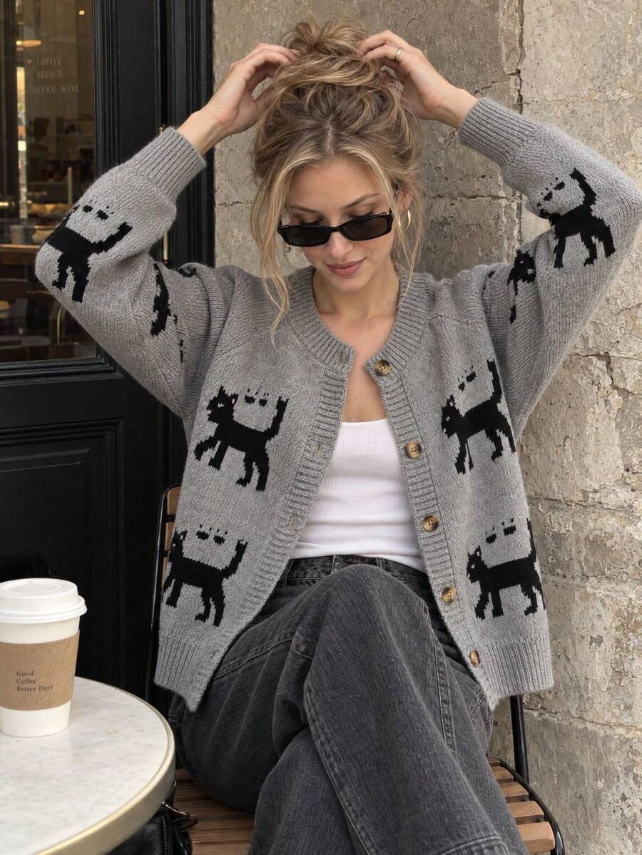 JIANHU Cute Cat Pattern Knitted Cardigan, Autumn/Winter Essential | Soft & Comfortable, Button Detail Design | Perfect Holiday Gift - Grey - View 1