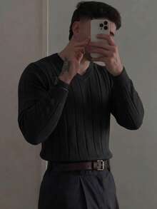 Men's Solid Color V-Neck Ribbed Knit Pullover Sweater - Black - View 2