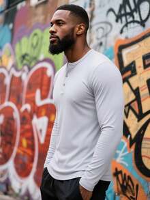 Men's Henley Collar Long Sleeve T-Shirt, 3-Button Placket Slim Fit Base Layer, Elastic Soft Casual Undershirt, Spring/Autumn Daily Wear, Commuting, Premium Fabric - White - View 7