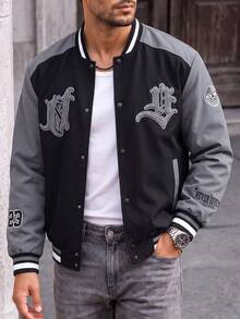 Men's Letter Embroidered Autumn Streetwear Baseball Jacket, Long Sleeve Colorblock Rave Jacket For Street Style, Men's Printed Jacket - Black - View 4