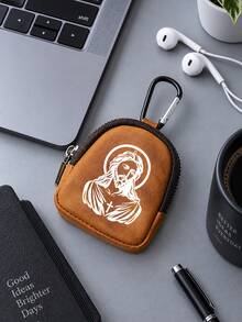 Mini Zipper Wallet With Jesus Design (With Snap Closure), Portable PU Leather Headphone Pouch, Small Key And Card Holder, Original Coin Purse, Zipper Earphone Storage Bag, Key Holder And Keychain Accessories - Multicolor - View 3