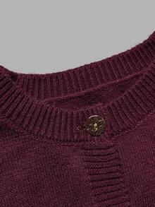 DONICY Women's Burgundy Round Neck Single Breasted Cropped Knit Cardigan Sweater, Spring/Autumn Casual & Office Wear Winter - Burgundy - View 4
