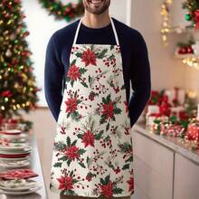 1pc Kitchen Apron, White Background Poinsettia Berry Pine Branch Plant Print Household Apron For Cooking Baking Dinner Gathering - Multicolor - View 7