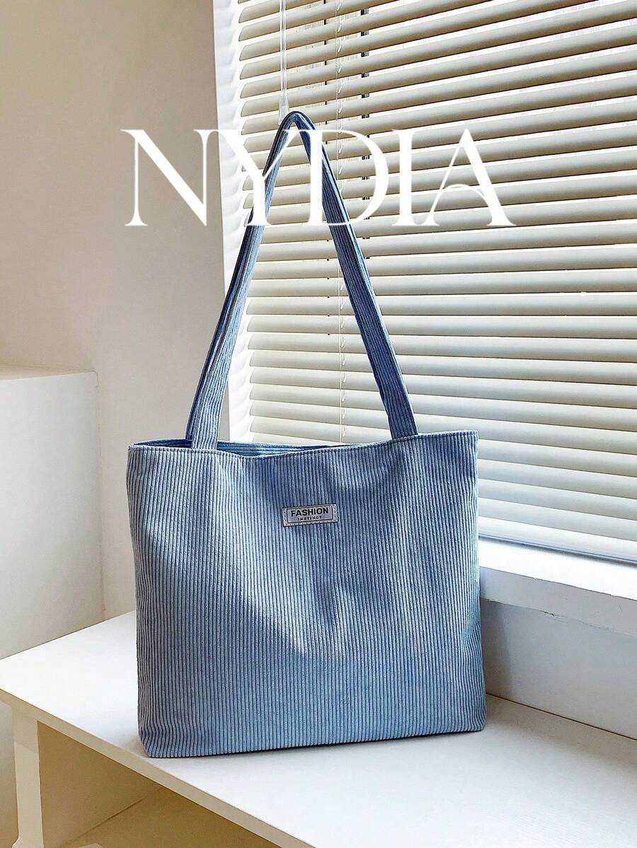 Corduroy Solid Color Shoulder Tote Bag, Minimalist Casual Storage Bag With Solid Color Patch - Blue - View 1