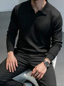 Men's Autumn/Winter Long Sleeve Casual Versatile Knit Sweater, Unique Polo Collar Design, Suitable For Daily Wear - Black - View 5