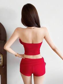 Top Dazzle Stylish Sleeveless Strapless Knitted Top For Women, Adorned With 3D Roses And A Backless Design, Ideal For Festive Occasions - Red - View 5