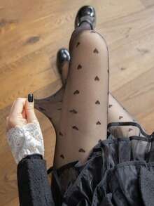 1 Pair Plus Size Black Heart Pattern Transparent Sexy Cute Daily Date Spring Autumn Style Stockings - Black - View 2