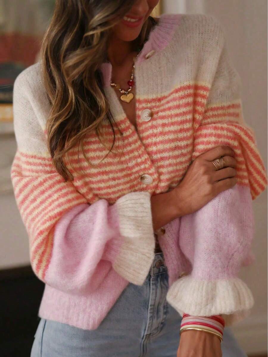 Just Masa Women's Fall Winter Casual Y2K Contrast Stripe Sweater,Ruffle Balloon Sleeve Button Up Sweater Cardigan,For Daily Wear,Going Out,Christmas - Pink - View 1