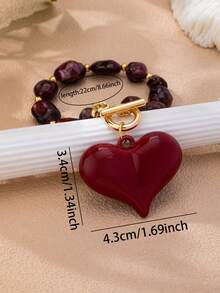 1/5 Pcs Heart Beaded Bracelet For Women, Vintage Acrylic Heart Charm Toggle Clasp Bracelet, Colorful Marble Bead Stackable Bracelet Jewelry Gift - Multicolor - View 7