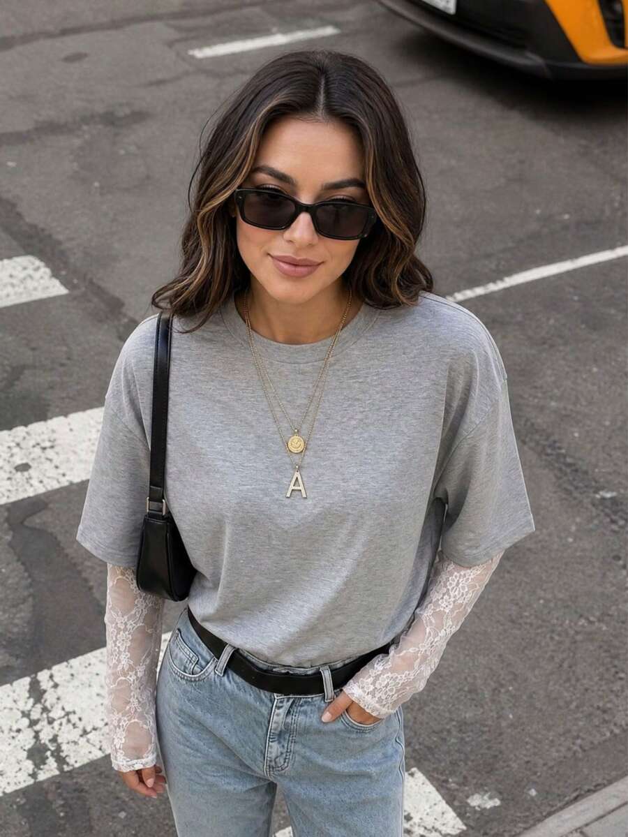 New Fashion Lace Patchwork Loose Colorblock T-Shirt, Solid Color Knit Fabric Lace Patchwork T-Shirt, Casual Style For Campus, Daily, Street, Back To School, Party - Grey - View 1