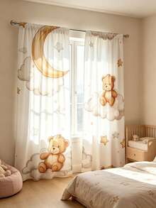 2pcs Dreamy Teddy Bear & Cloud Sheer Curtains - 100% Polyester Semi-Transparent Rod Pocket Curtains For Bedroom, Living Room, Kitchen And Study - Machine Washable Modern Home Decor, Interesting Design, Semi-Transparent Polyester Material - Multicolor - View 2