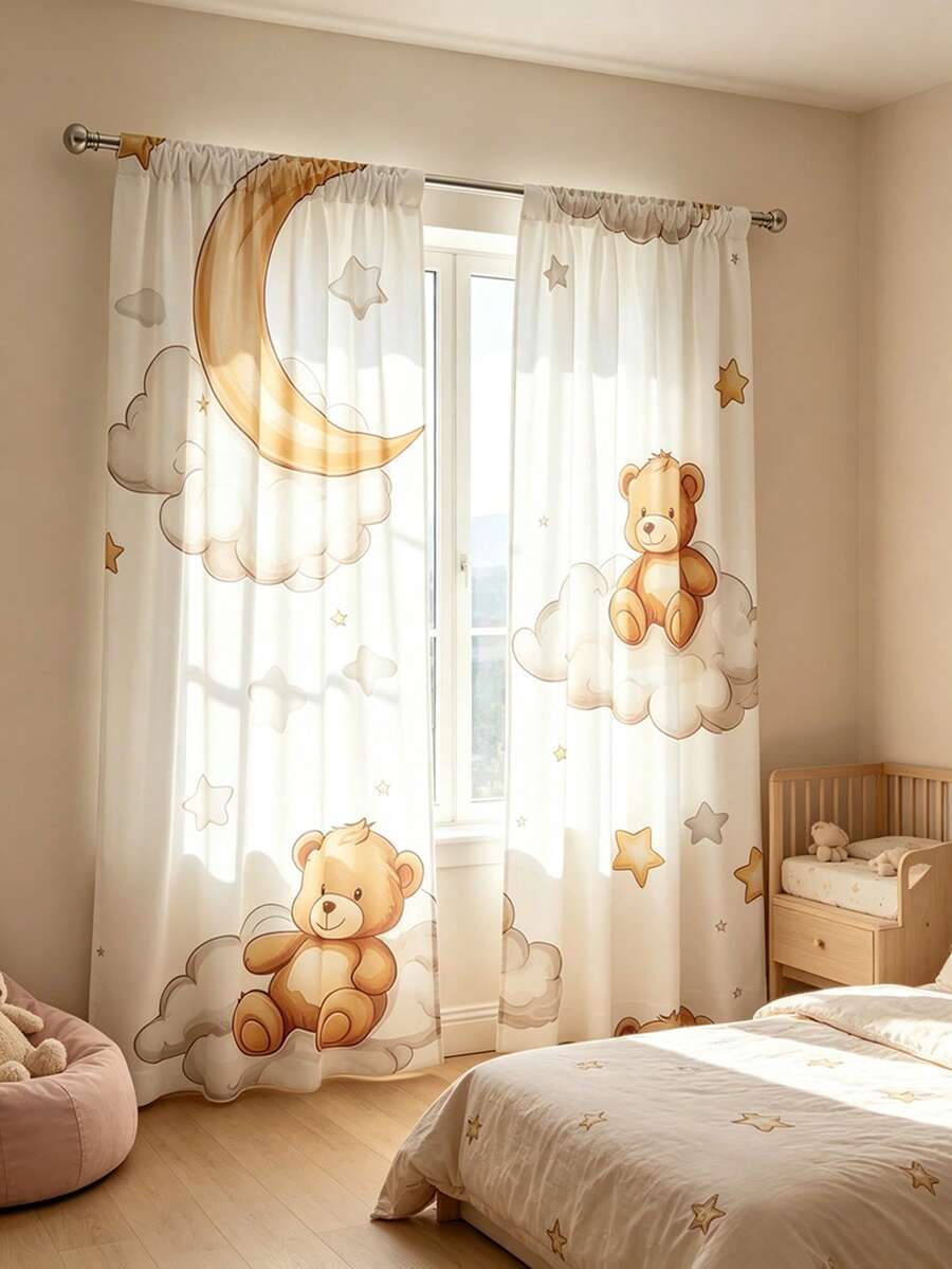 2pcs Dreamy Teddy Bear & Cloud Sheer Curtains - 100% Polyester Semi-Transparent Rod Pocket Curtains For Bedroom, Living Room, Kitchen And Study - Machine Washable Modern Home Decor, Interesting Design, Semi-Transparent Polyester Material