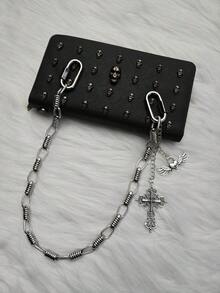Gothic Y2K Spring Single Layer Pants Chain, Vintage Cross & Wing Heart Pendant Denim Jeans Chain, Unisex Aesthetic Metal Wallet Chain - Silver - View 9
