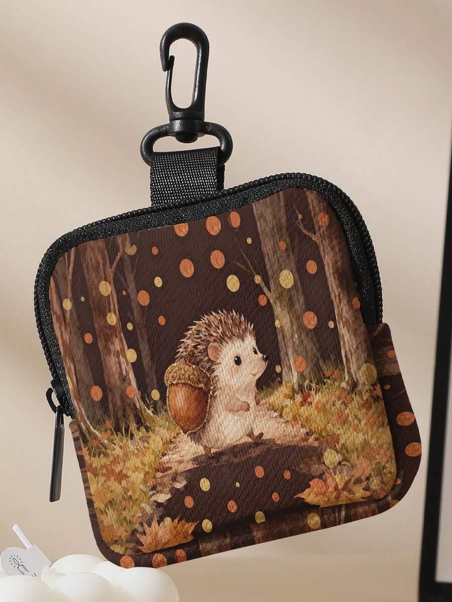 1pc Hedgehog Print Mini Coin Purse,Zipper Closure Small Pouch With Swivel Hook For Earphones Coins Key Small Items,Can Hang On Backpack - Multicolor - View 1