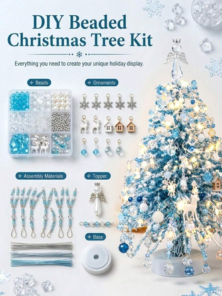 Beaded Christmas Tree Set, Handmade Beaded Craft Decoration Kit, Includes Colorful Beads, Hanging Ornaments, Tree Top Decor And Base, Suitable For Desktop Holiday Display, Winter Home Decor, Christmas Party Decoration, Creative Handmade Gift - A - View 1