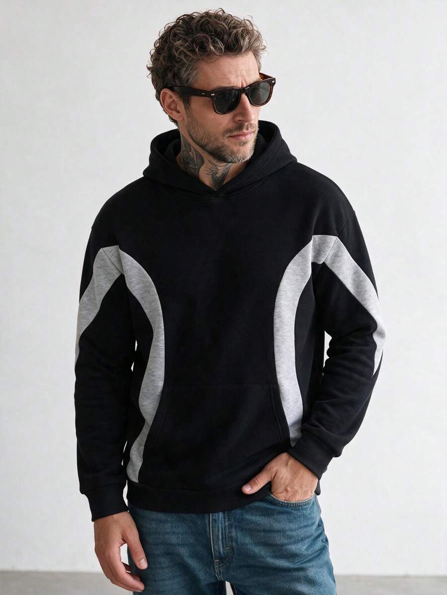 Sudadera con capucha de bloques de color y patchwork para hombre - Negro - Ver 1