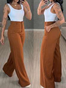 LUNNELUX Women Fall Brown Ruffle High Waist Wide Leg Pants, Button Zip Fly Trousers With Faux Pockets, Casual Daily Vacation Pants - Brick Red - View 8