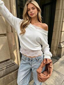 Y2K Lace Oversized Top Women Backless Off Shoulder Silk Long Sleeve Daily Going Out Fall Winter Fashion - White - View 2