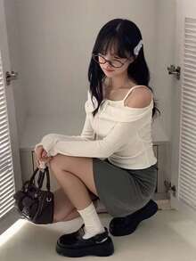 Women's Autumn Lace-Up Cami Patchwork Draped Neck Ruched Slim Fit Knit Long Sleeve T-Shirt Top - White - View 4