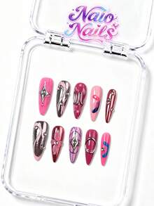 NAIO 10pcs 3 Sizes Almond Stiletto Short Square Handmade Press On Nails, Fall Autumn Nails, Pink Tone With Silver Metal Curve, Star Rhinestone, Grid & Polka Dot Print, Glossy Full Cover Fake Nails For Daily & Party Wear, With Nail Tool Kit - Multicolor - View 4