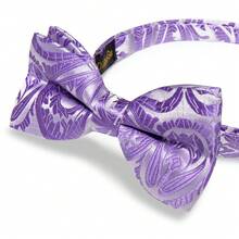 Men's Pre-Tied Bow Tie, Pocket Square, Cufflinks, Lapel Pin 4-Piece Set, Purple And White Paisley Pattern, Business Formal Attire - Purple - View 5